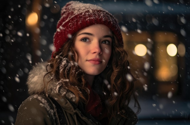 Woman under a snowfall in Christmas time