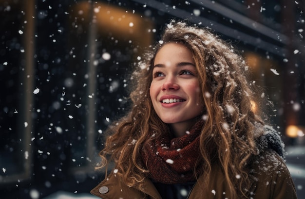 Woman under a snowfall in Christmas time