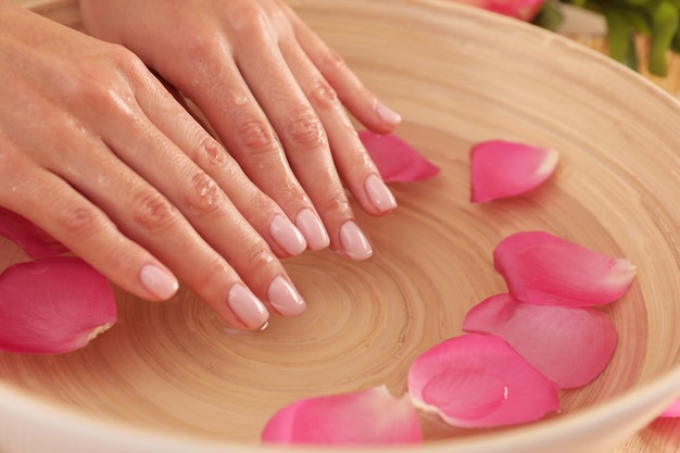 Woman soaking her hands in bowl of water and petals closeup with space for text Spa treatment