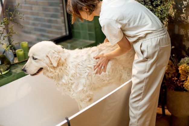 Woman soaps her dog in bathtub