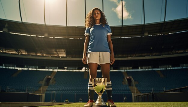 Photo woman soccer player holding trophy on platform