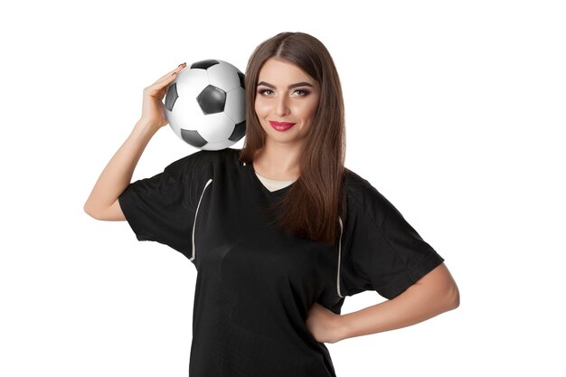 Woman soccer player with soccer ball on white background