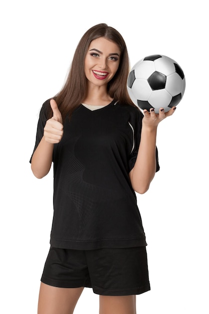 Woman soccer player with soccer ball on white background