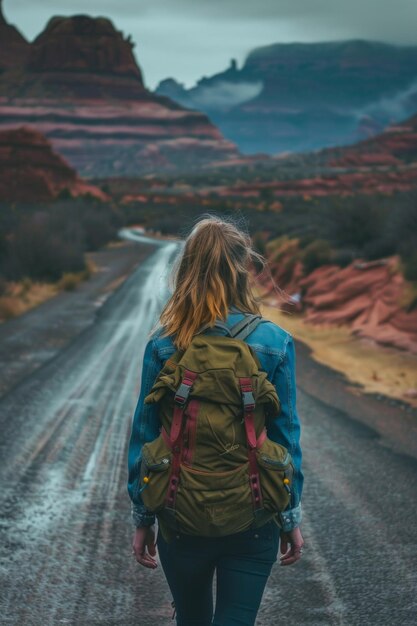 Photo woman solo travels scenic road trip embodies digital nomad lifestyle image captures essence