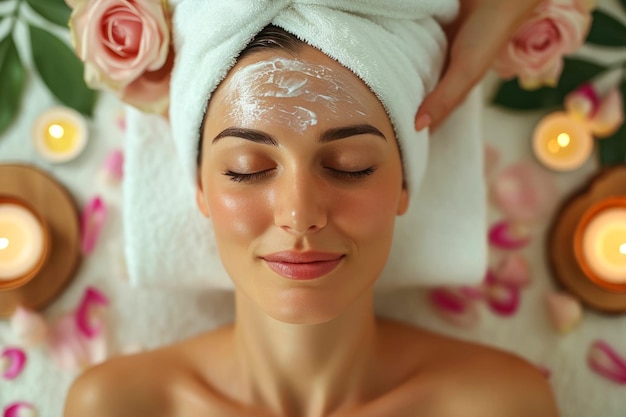 Woman at spa is immersed in tranquil atmosphere surrounded by flower petals and aromatic oils