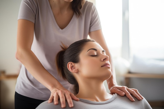 A woman in a spa is receiving a soothing head massage to unwind and alleviate stress Woman receiving shoulder therapy from physiotherapist AI Generated