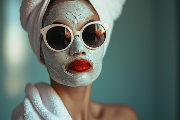 a woman at the spa is relaxing with towels and a face mask