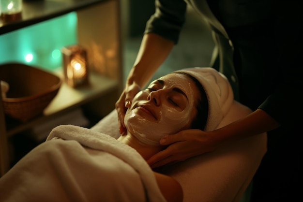 A woman in a spa with a facial mask with candles in the background