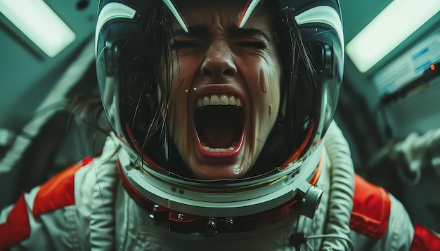 A woman in a space suit is screaming