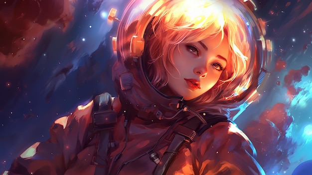 A woman in a space suit looks at the sky