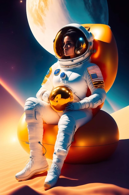 A woman in a space suit sits on a planet with a moon behind her