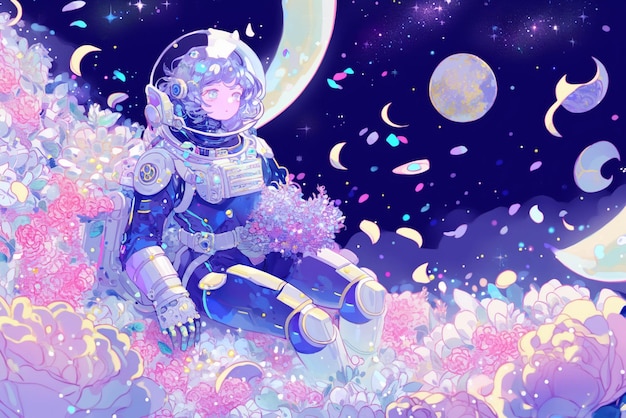 Woman in a space suit sitting in a field of flowers generative ai