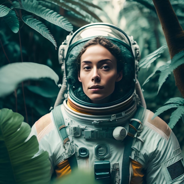 A woman in a space suit stands in the jungle.