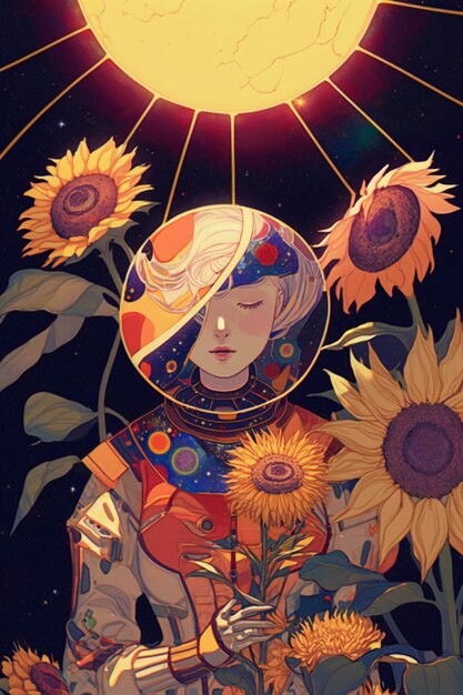 Premium AI Image | Woman in a space suit surrounded by sunflowers ...