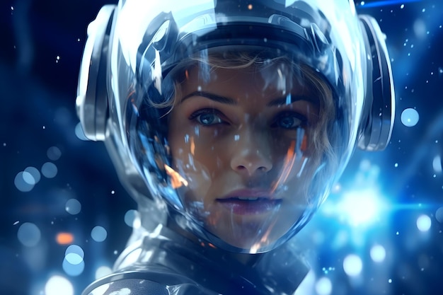 A woman in a space suit with a blue background and the word science on the front.