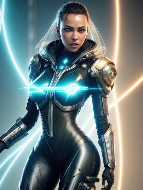 A woman in a space suit with a blue light on her head