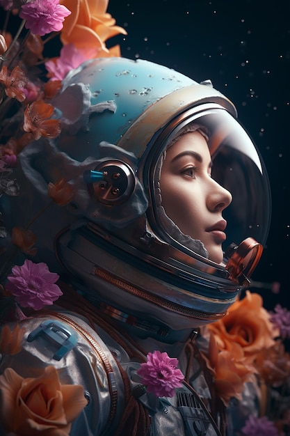 A woman in a space suit with flowers on the bottom.