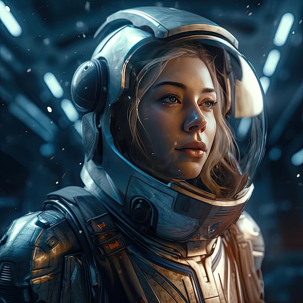 A woman in a space suit with a helmet on her head.