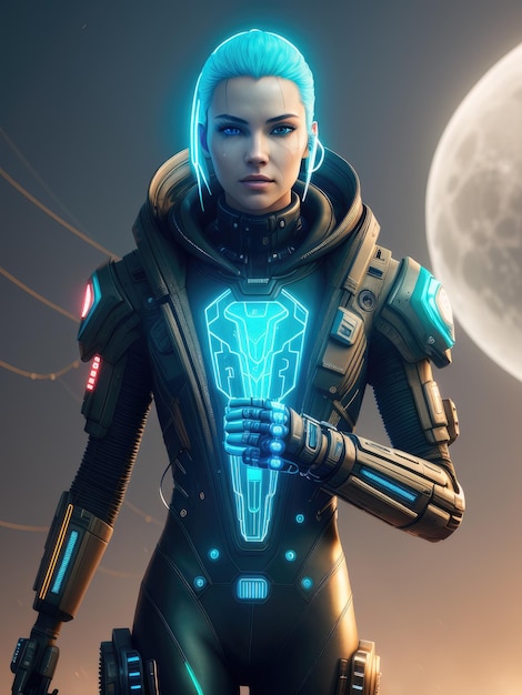 A woman in a space suit with a moon behind her.