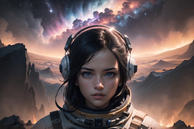 A woman in a space suit with a nebula in the background