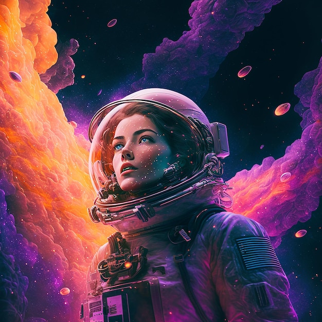 A woman in a space suit with a purple and orange background.