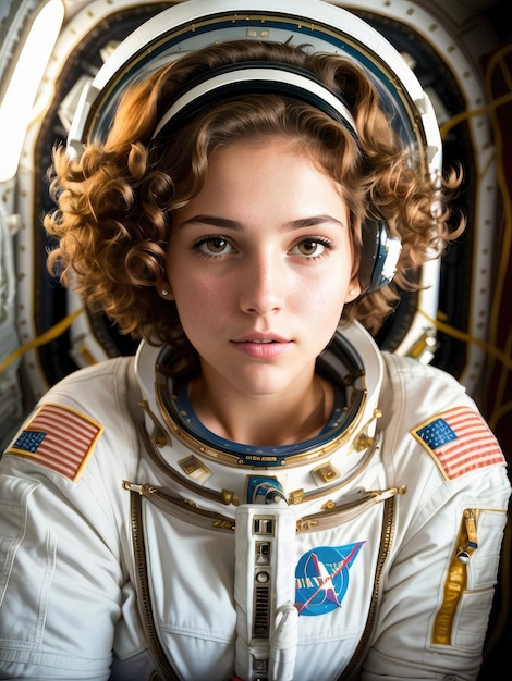 A woman in a space suit with the word nasa on the front.