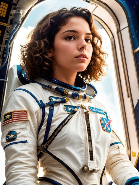 A woman in a space suit with the word nasa on it