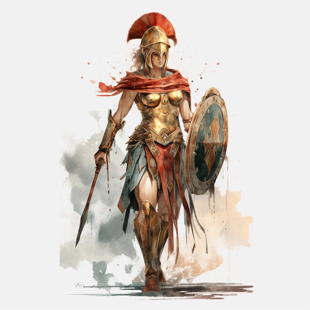 A woman in a spartan costume with a shield and a sword