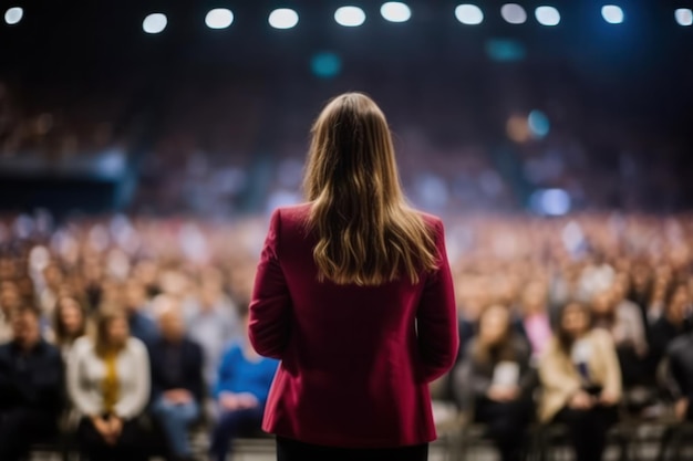企業のビジネスカンファレンスと会議ホールでの起業家精神でステージに立つ女性スピーカー