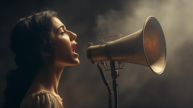 Photo a woman speaking into a megaphone