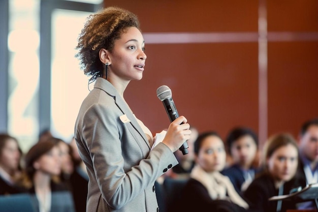 a woman speaking into a microphone in front of a crowd