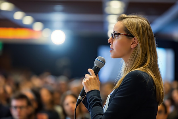 Woman Speaking Into Microphone in Front of Crowd