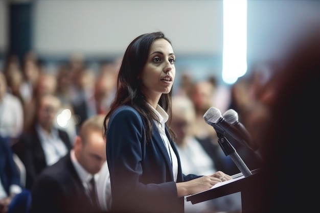 Woman speaking at a podium with a crowd in the background