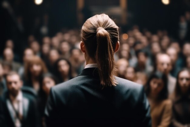 A woman speaks to a large audience in the hall presentation business training generative ai