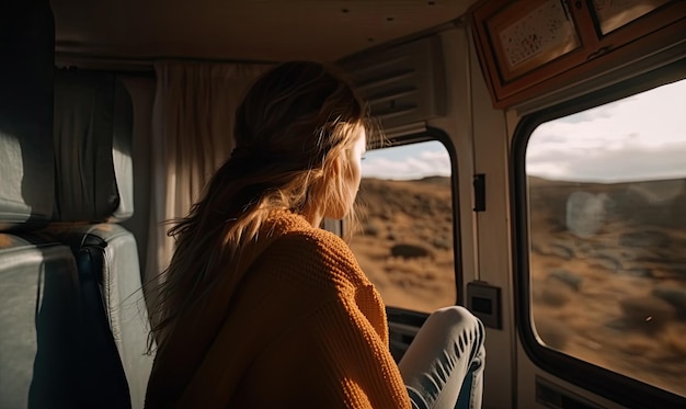 A woman spends relaxing leisure time in a modern camper generative AI