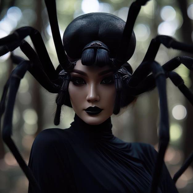 woman and spider in the forest