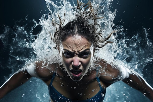 Foto una donna che spruzza acqua con la testa in aria.