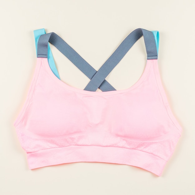 Woman sport bra. Sport fashion concept. Flat lay