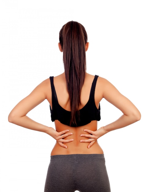 Photo woman in sport clothes with back pain