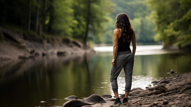 A woman in sport outfit stands near by a quiet river gazing at their reflection as they contemplate