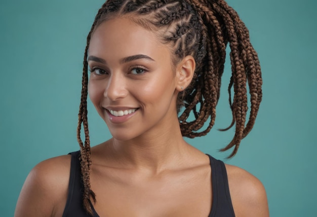 A woman sporting braids with a natural confident look studio shot with a blue background