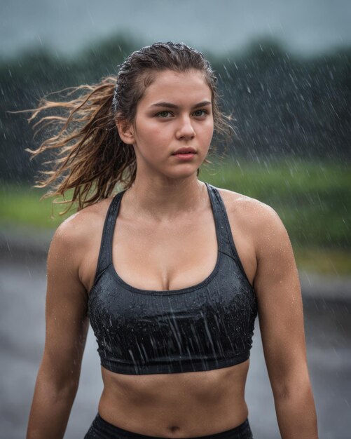 A woman in a sports bra top standing in the rain