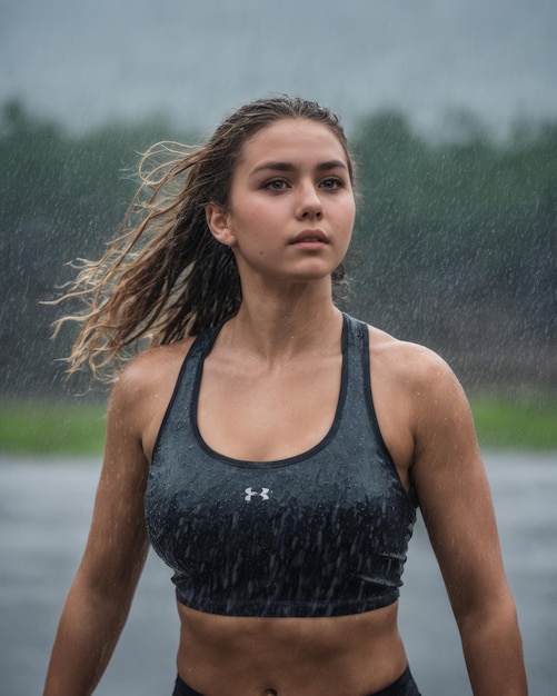 A woman in a sports bra top standing in the rain