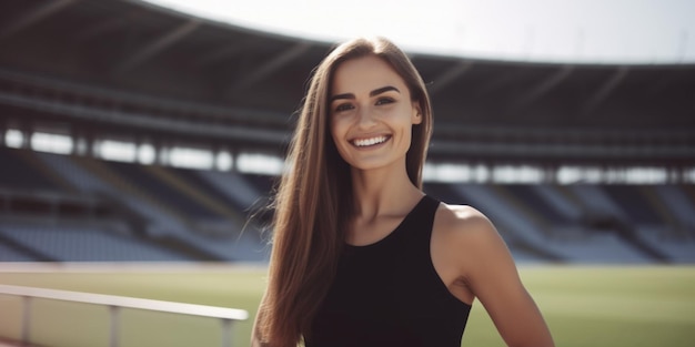 A woman in a sports stadium stands in front of a stadium