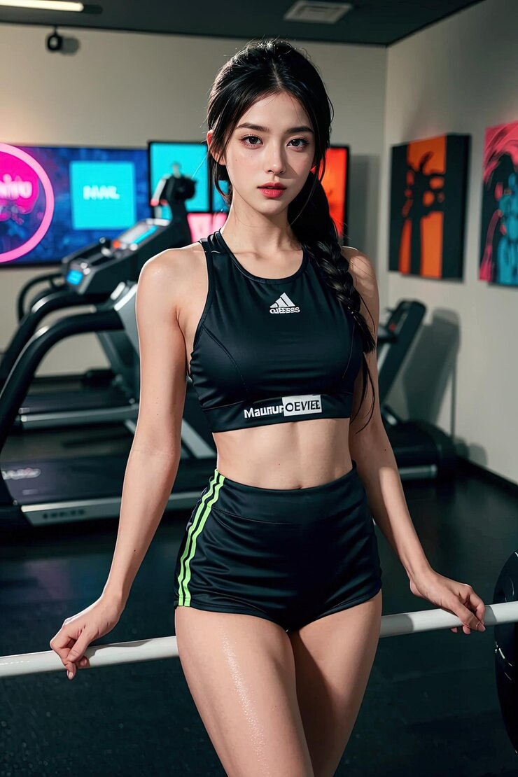 스포츠 유니폼을 입은 여성이 트레드밀 위에 서 있습니다.