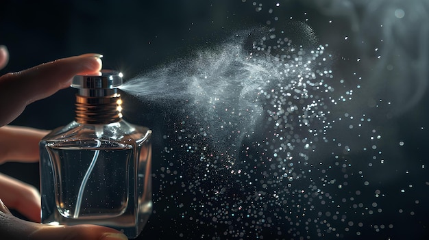 Woman spraying perfume on dark background