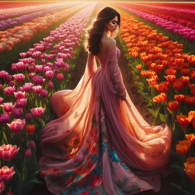 Woman and spring tulip flower garden