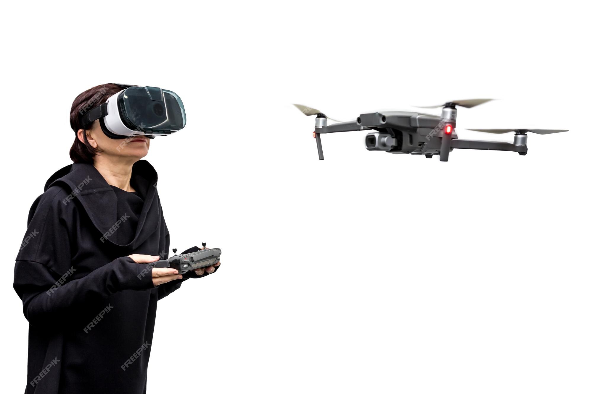 Woman Spy in 360 Virtual Reality Headset Playing Game with Drone