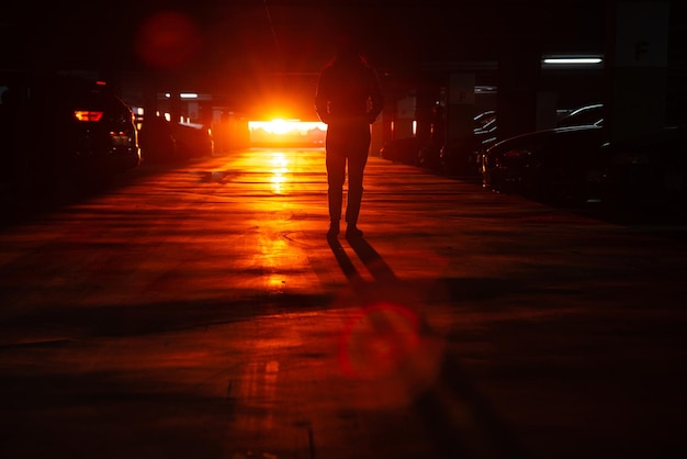 駐車場に立つ女性がオレンジ色の夕日を見る