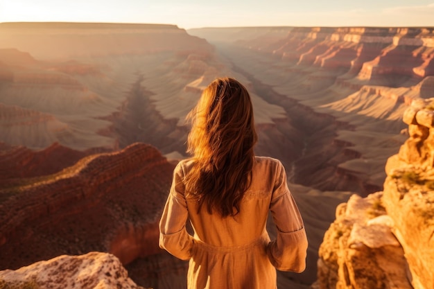 Woman stand on top of mountain Grand Canyon National Park USA Generative AI